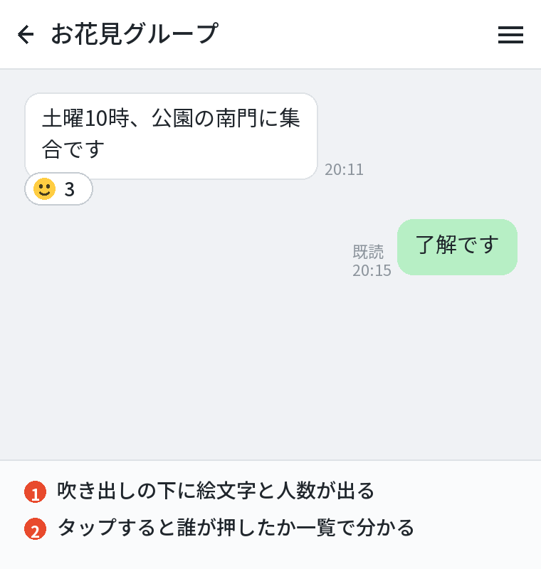 リアクションは吹き出しの下に表示される